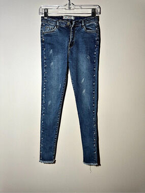 Ducati Distressed Pearl Studded Skinny Jeans in Blue